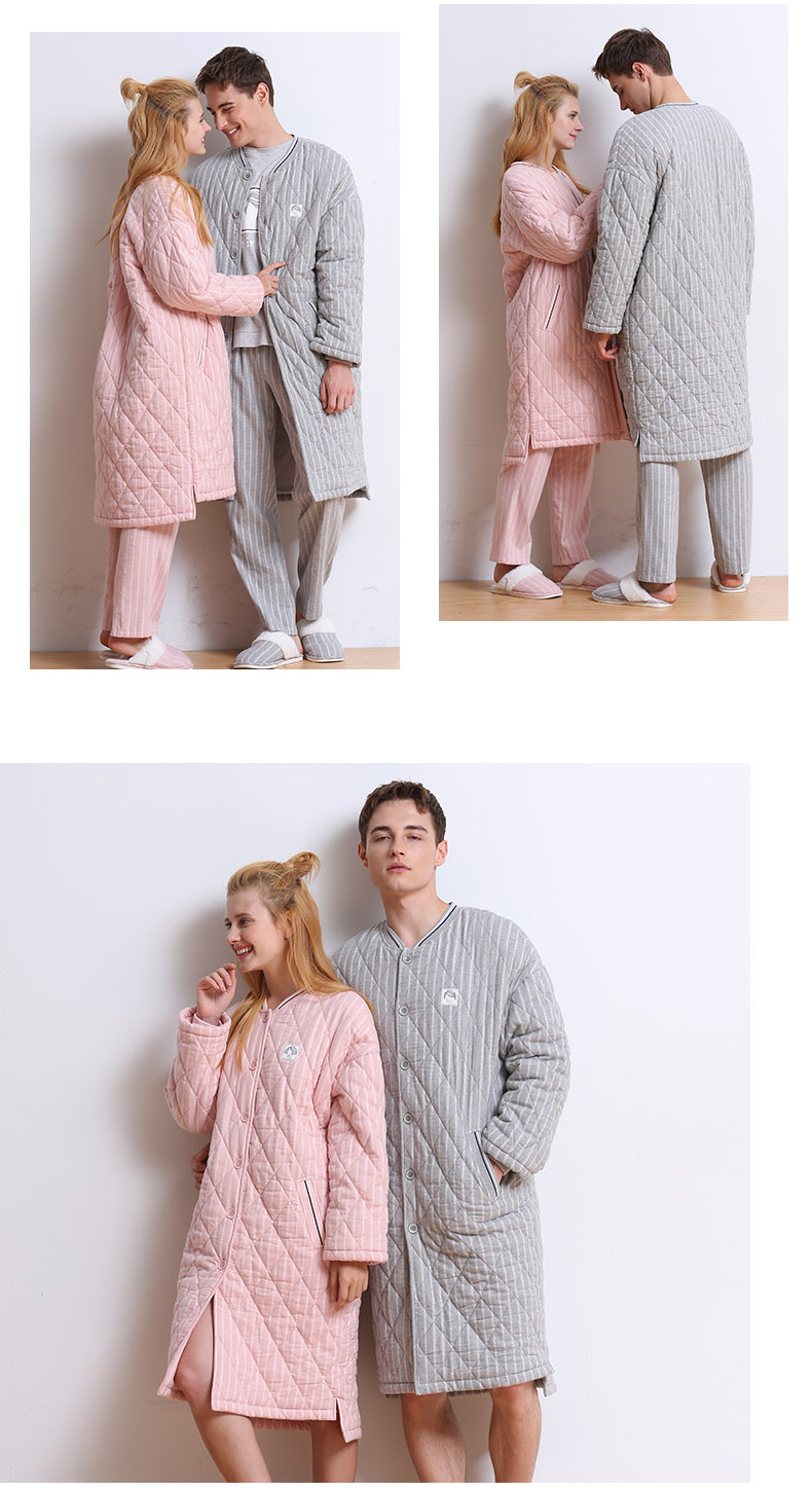 Mùa thu hươu mùa đông mới dài tay đôi dệt bông áo choàng nữ cardigan dày quilted sọc áo choàng tắm nhà nam váy ngủ nam 