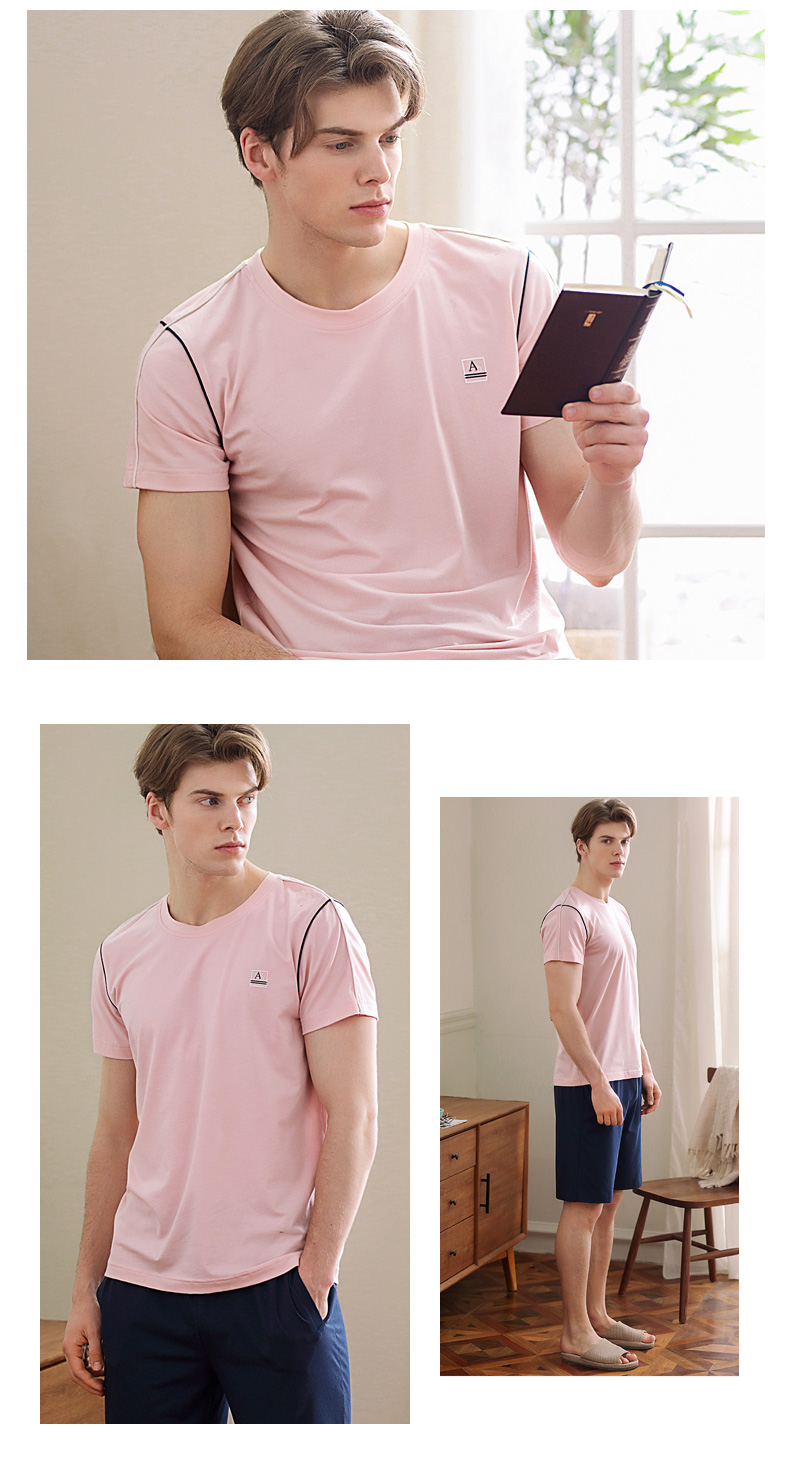 Mùa thu hươu mùa hè bông nam đồ ngủ đơn giản màu rắn ngắn tay quần short phù hợp với nam giới mùa hè thường nhà dịch vụ bộ mặc nhà