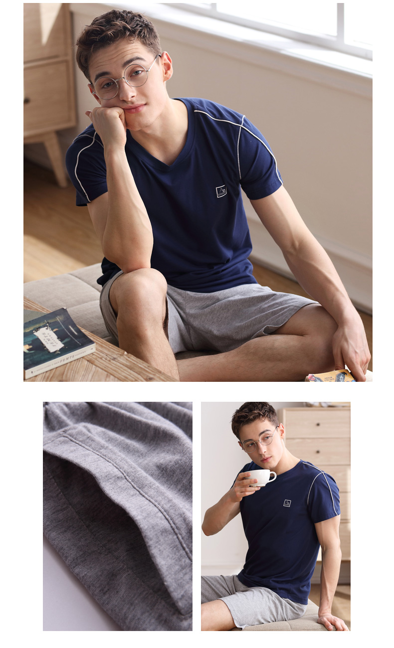 Mùa thu hươu mùa hè bông nam đồ ngủ đơn giản màu rắn ngắn tay quần short phù hợp với nam giới mùa hè thường nhà dịch vụ bộ mặc nhà