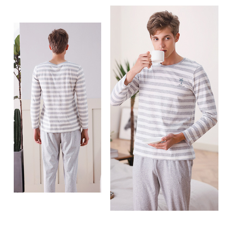 Mùa thu hươu 2018 mùa xuân và mùa hè các cặp vợ chồng cotton đồ ngủ vòng cổ áo thun sọc nam giới và phụ nữ dịch vụ nhà dài tay cotton phù hợp với shop đồ đôi nam nữ