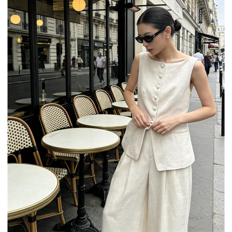 White Linen Suit for Women, New Summer Fashion, High-End Old Money Style, Commuter Cotton-Linen Vest and Wide-Leg Pants Two-Piece Set