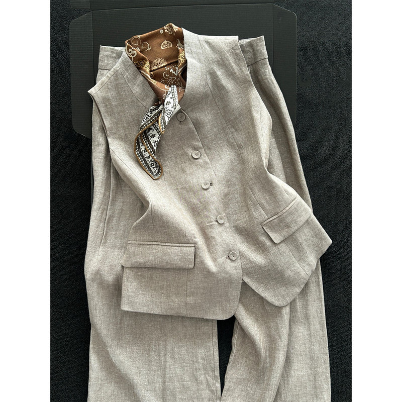 Light Luxury Outfit: a Complete Cotton and Linen Suit for Women, Summer Old-Money Style, Exquisite Commuting Linen Vest and Long Pants Two-Piece Set