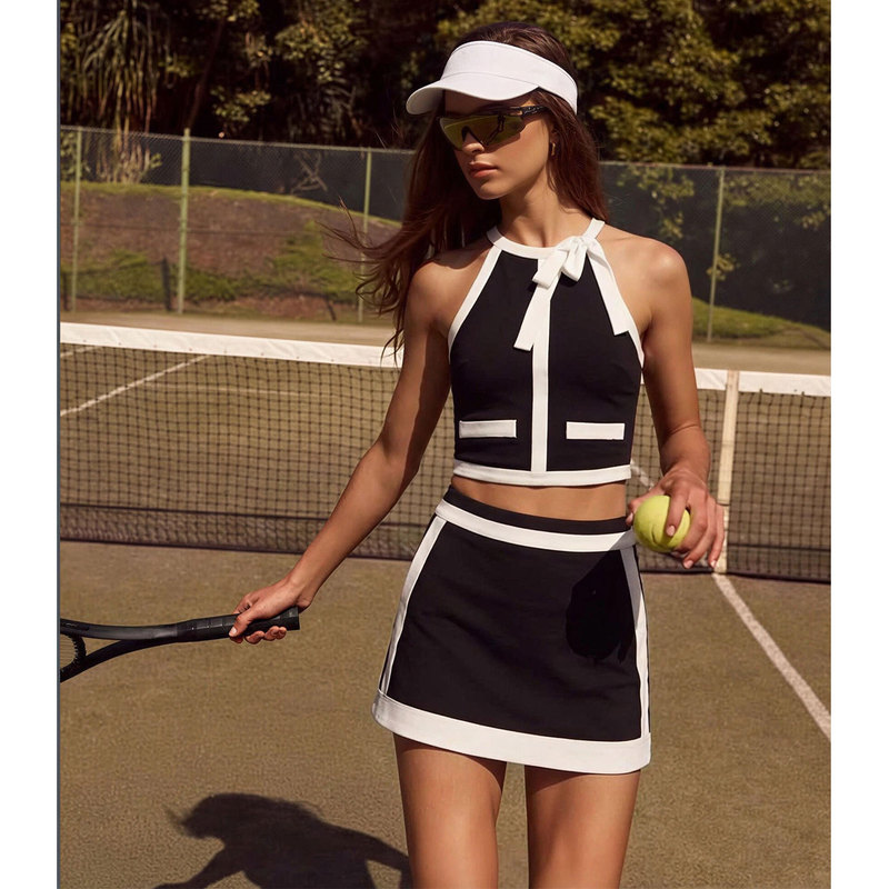 Golf Women's Suit, Women's Summer Sports Tennis Bow Contrasting Color Halter Knitted Vest and Short Skirt Two-Piece Set