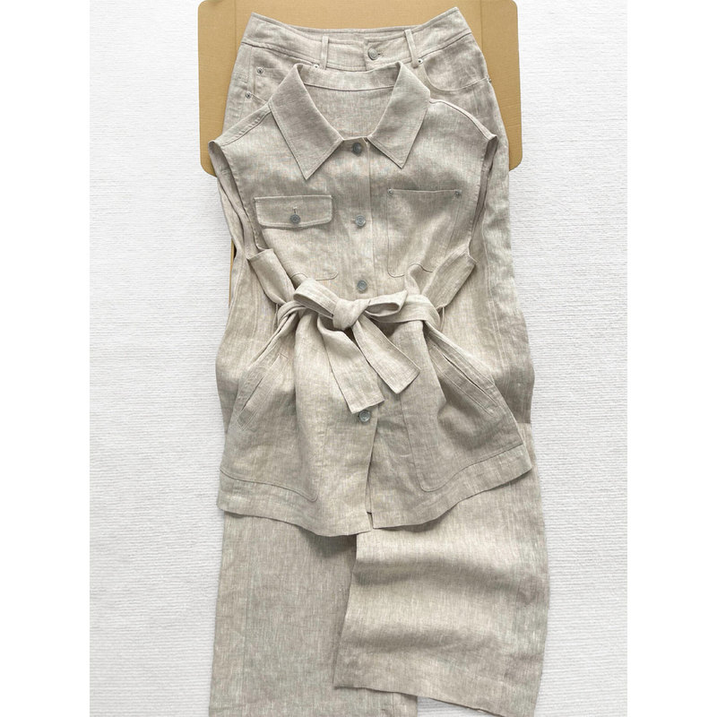 European Style Old Money Linen Shirt Set for Women, Summer Lace-Up Sleeveless Polo Collar Vest Top and Long Pants Two-Piece Set European Style Old Money Linen Shirt Set for Women, Summer Lace-Up Sleeveless Polo Collar Vest Top and Long Pants Two-Piece Set
