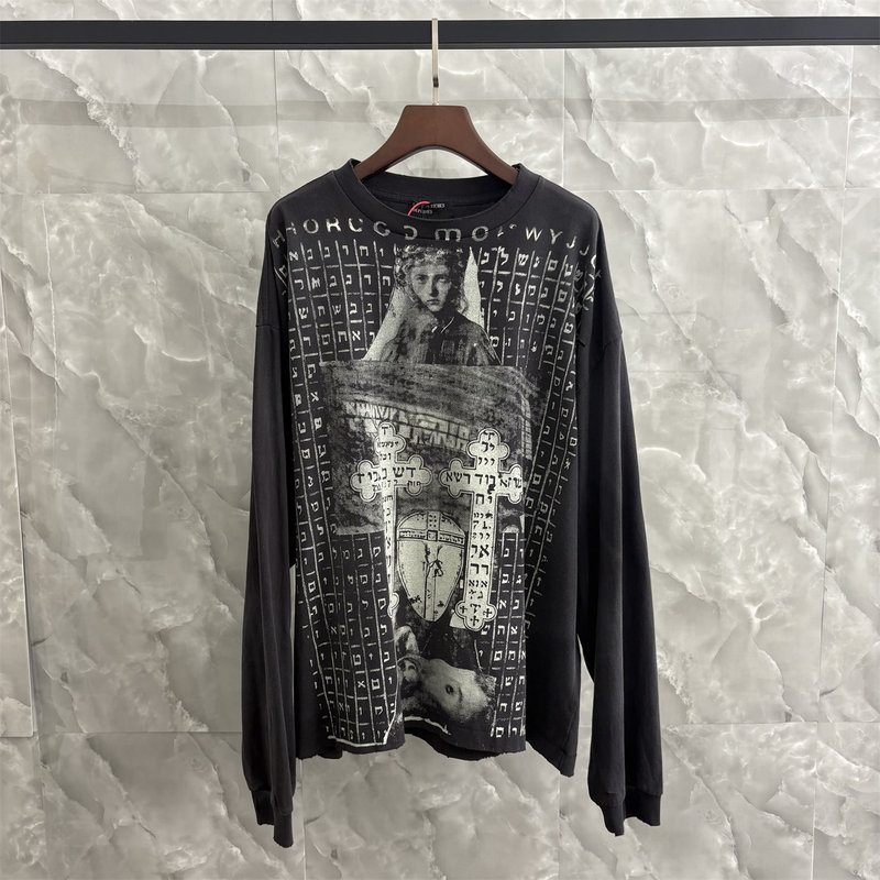 Erd Melancholic Rich Second Generation 26Ss Hollywood Crown Pattern Distressed Vintage Long Sleeve T-Shirt Unisex Trendy Brand Erd Melancholic Rich Second Generation 26Ss Hollywood Crown Pattern Distressed Vintage Long Sleeve T-Shirt Unisex Trendy Brand