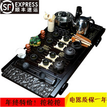 Special tea set Kung Fu purple sand ice crack white porcelain with electromagnetic furnace four-in-one household solid wood tea tray set
