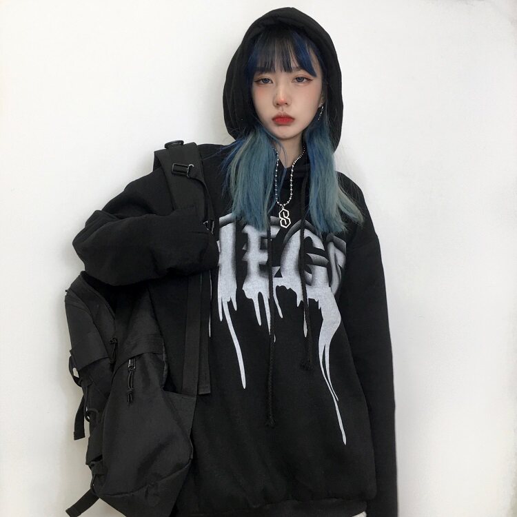 2022 autumn and winter new Korean version dark black bereaved model Burnt Alphabet printed with thick cotton T female Indies