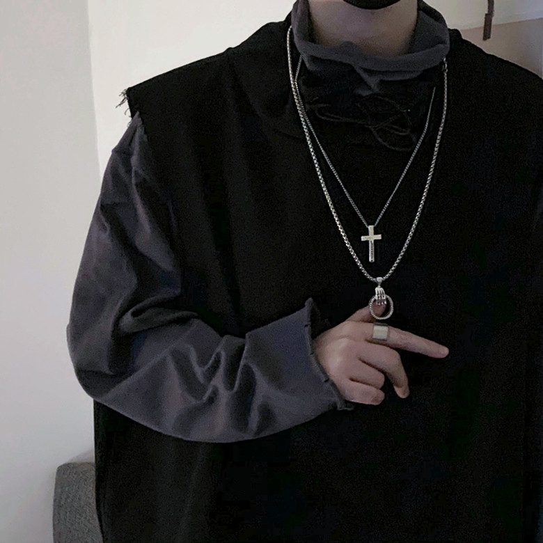 2021 New Korean version of Harajuku dark hand ring necklace cross pendant couple necklace male and female ins tide