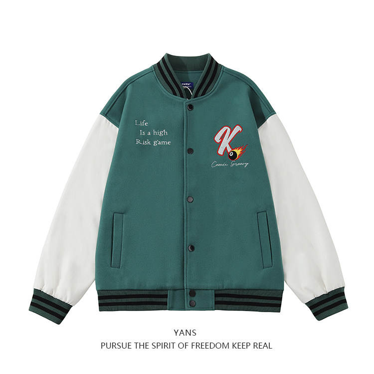 YANS American retro street trendy billiard digital embroidery leather sleeves splicing baseball uniform jacket couple jacket