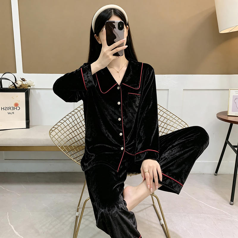 Black Velvet Pajamas for Women That Can Be Worn Outside, New Autumn 2026 French Style Light Luxury Fashion Thin Velvet Loungewear Set Black Velvet Pajamas for Women That Can Be Worn Outside, New Autumn 2026 French Style Light Luxury Fashion Thin Velvet Loungewear Set