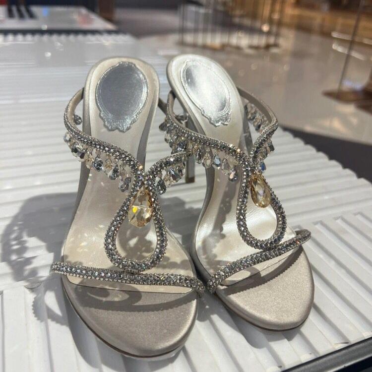Women's Shoes 2026 New Popular High Heels Stiletto Slippers Ultra-Thin Steel Needle Car Show Designer Ultra-Fine Rhinestone Sandals