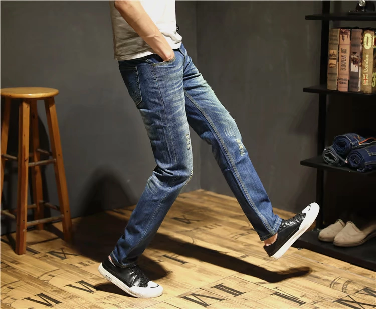 Quần jean nam thẳng lỏng mùa thu Xu hướng mới của Hàn Quốc Lỗ Casual Slim Kích thước lớn Quần nam quần baggy nam