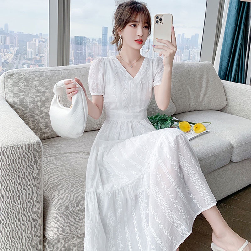 White V-Neck Dress for Women, Summer, Petite, French Style, Super Fairy-Like, Stylish, Versatile, Can Be Both Salty and Sweet, Age-Reducing, Elegant, Slim-Fitting Long Dress