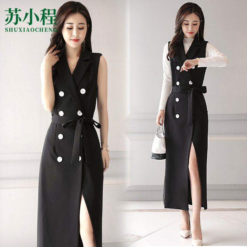 Goddess-Style Vest for Women 2026 Spring and Autumn New Double-Breasted Mid-Length Black Pleated Vest Dress Trendy
