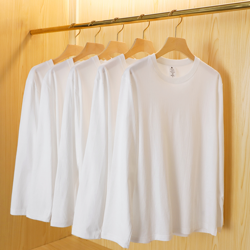 (Buy one sent one) New frontier cotton 200g heavy pound pure cotton white long sleeve t-shirt loose pure color beating bottom male and female section-Taobao