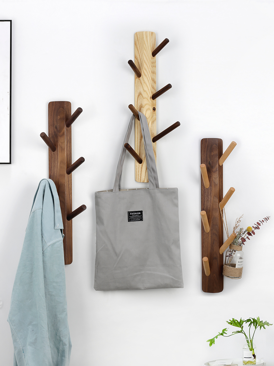 Solid wood coat hook Branch branch hook Nail-free entrance decoration hook Black Walnut creative wall pylons Nordic