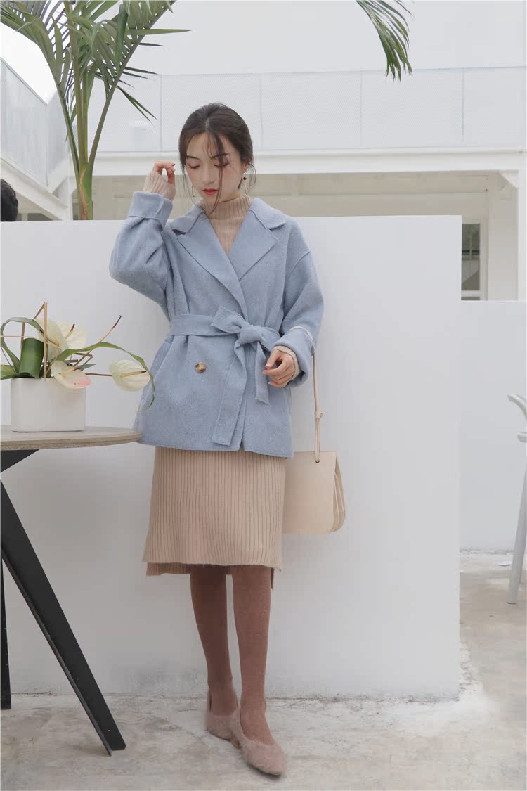 Áo khoác nữ kiểu dáng Hepburn áo khoác len ngắn nữ 2018 mùa đông hai mặt phiên bản mới của Hàn Quốc cổ áo phù hợp với cổ áo áo khoác da lộn nữ