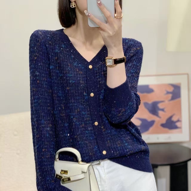 [Blue Enchantress Long Sleeve] Korean-Style Starry Sky Blue V-Neck Sequin Pullover Knit Sweater for Women 2026 New Outerwear