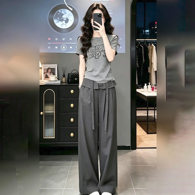 Outlet Guangzhou Thirteen Rows Gray Letter T-Shirt Dark Gray Wide-Leg Pants Sports Suit Women's Two-Piece Set Trendy