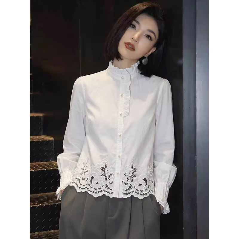 Guangzhou Thirteen Rows High-End Goods This Year's Popular Lace Stand-Up Collar Lace Patchwork Shirt for Women, Age-Reducing White Top Guangzhou Thirteen Rows High-End Goods This Year's Popular Lace Stand-Up Collar Lace Patchwork Shirt for Women, Age-Reducing White Top