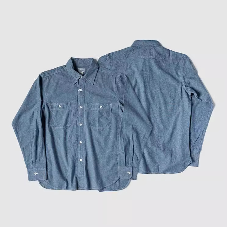 Men's Chambray Work Shirt Non Stock 50S Classic Double Pocket Youth Fabric Long Sleeve Shirt