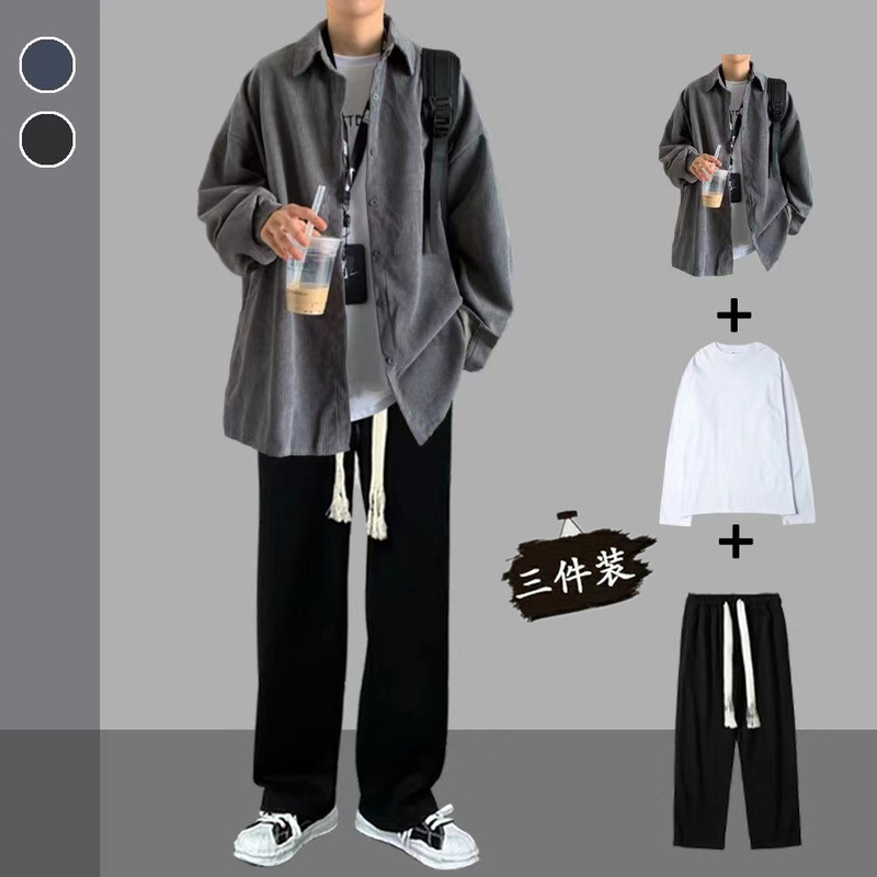 Spring and Autumn Corduroy Shirt Set for Men, Trendy and Handsome, Paired with Casual Pants, Three-Piece Men's Shirt Jacket Set Spring and Autumn Corduroy Shirt Set for Men, Trendy and Handsome, Paired with Casual Pants, Three-Piece Men's Shirt Jacket Set