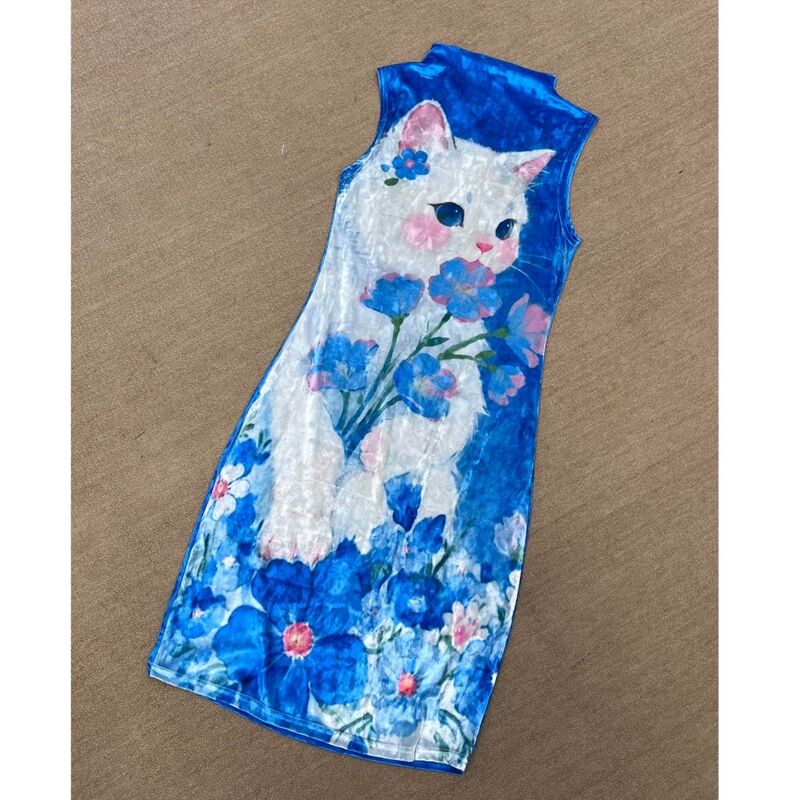 Millennial Y2K Chinese Style Tang Yan Yu Style Blue Floral Cat Print Bodycon Velvet Slim-Fit Dress for Autumn Millennial Y2K Chinese Style Tang Yan Yu Style Blue Floral Cat Print Bodycon Velvet Slim-Fit Dress for Autumn
