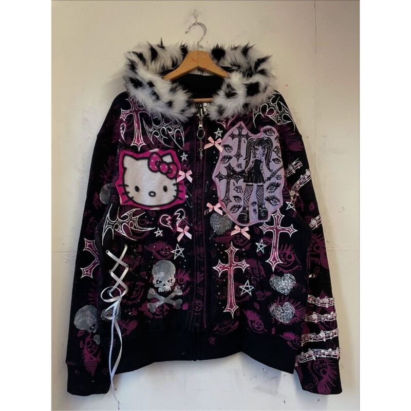 Subculture Punk Rock Dark Goth Shibuya Harajuku Hottie Kitty Patchwork Skull Hooded Sweatshirt Jacket