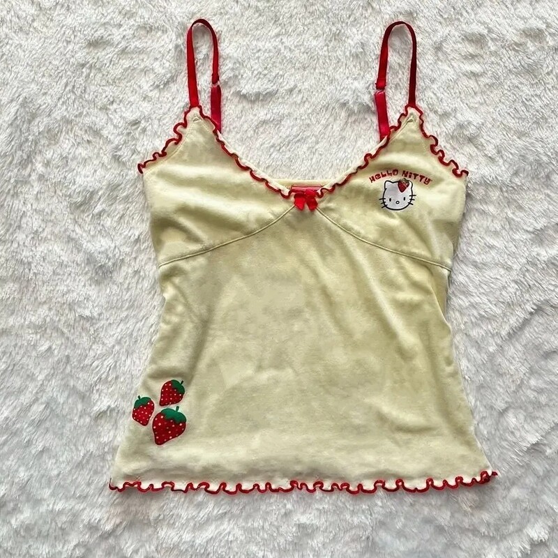 Japanese Retro Sweet Girl Strawberry Kitty Cat Print Camisole Cute Girly Dopamine Vacation Y2K Tank Top