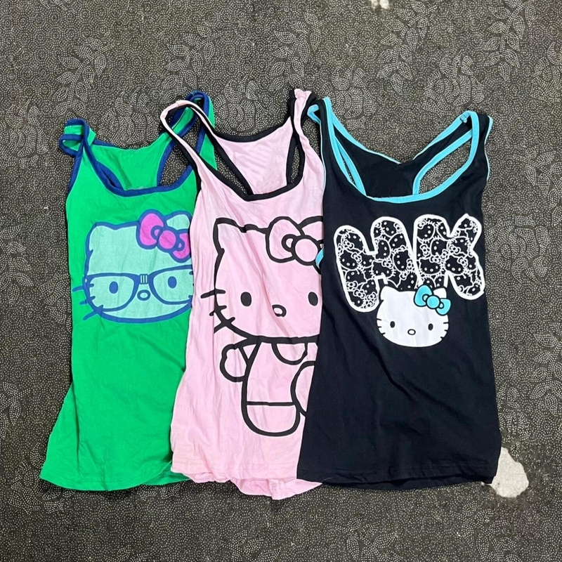 Japanese-Style Dopamine Color-Blocking Cute Kitty Sleeveless Tank Top ins Sweet and Spicy Waist-Cinching Top with Straps