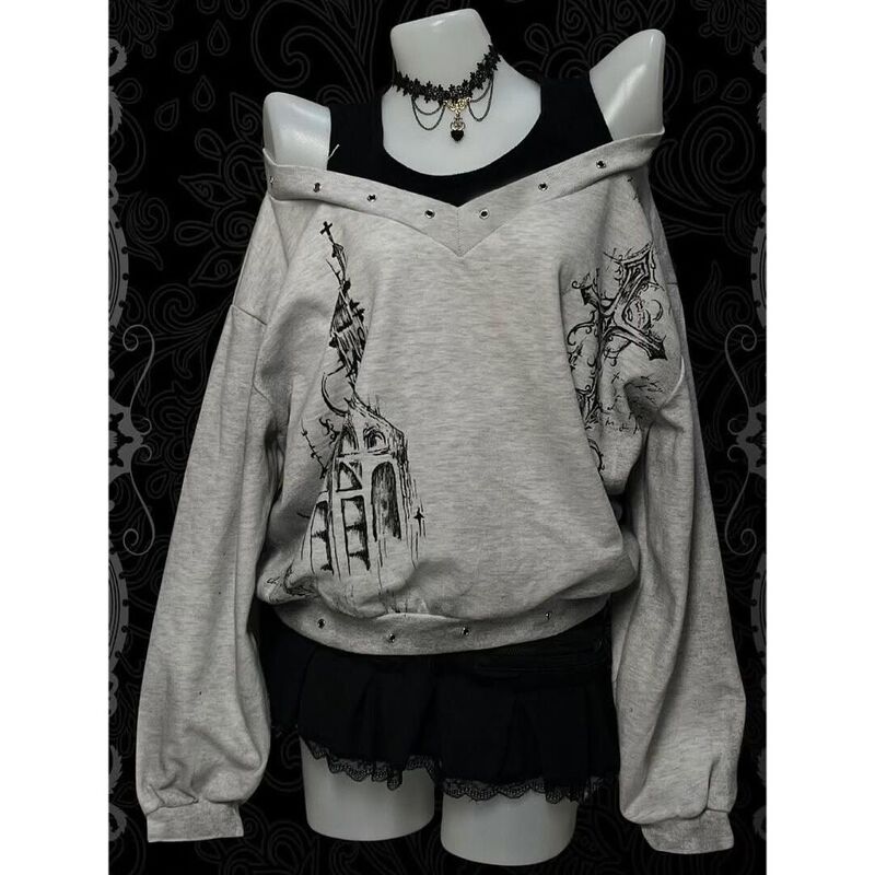 Subculture Punk Rock Cross Print Off-Shoulder Fake Two-Piece Long-Sleeve Sweatshirt Loose Harajuku Shibuya Top