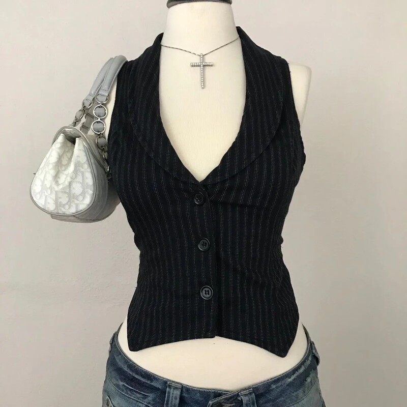 American Retro Style Vintage Striped Hot Girl Sleeveless Vest Shirt Summer Black Slim Short Top