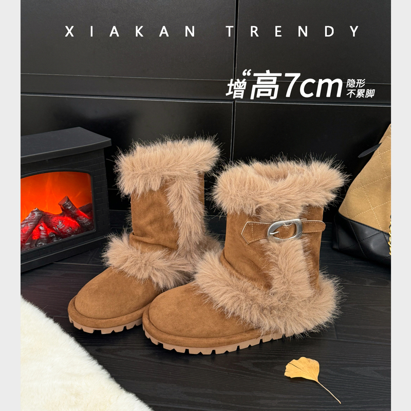 Xiakan Sugar-Candied Chestnut Furry Mid-Calf Snow Boots for Commuting and Streetwear, Slimming Effect, Hidden Heel, Warm Cotton Boots