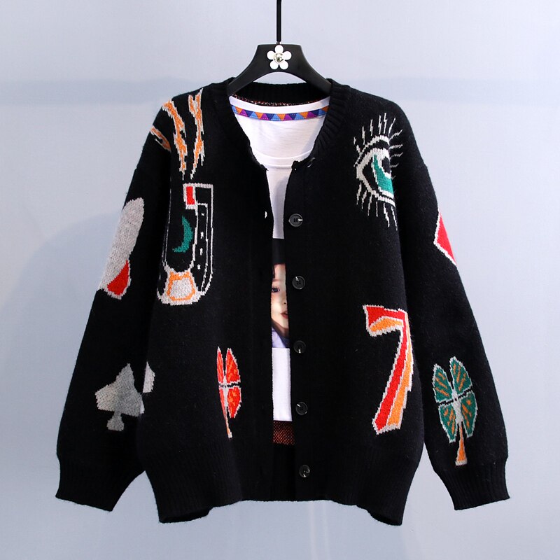 2022 autumn new Korean version loose fashion cartoon anime embroidered sweater jacket women's lazy wind knitted cardigan