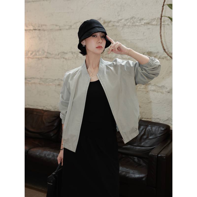 Tt Designer [Chiang Mai Rainy Season] Gray Stand Collar Baseball Jacket Women's Spring New Pure Cotton Jacket Top
