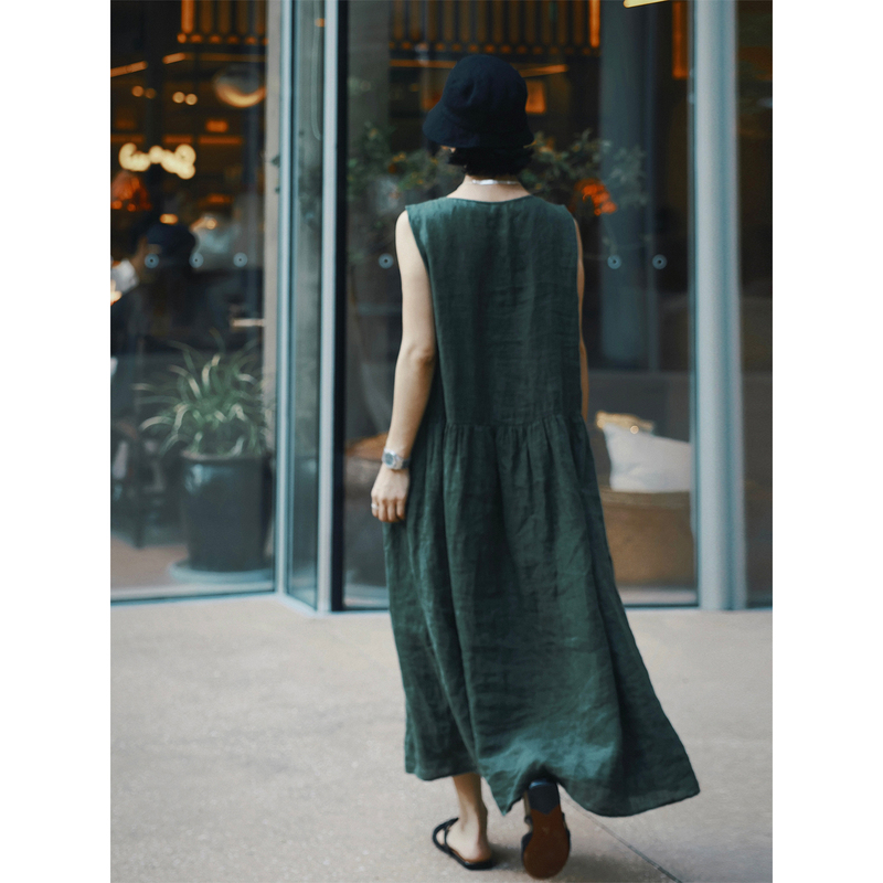 Tt Designer [Muyao] Dark Green Loose Linen Sleeveless Dress Women's Summer 2026 New Style Dress