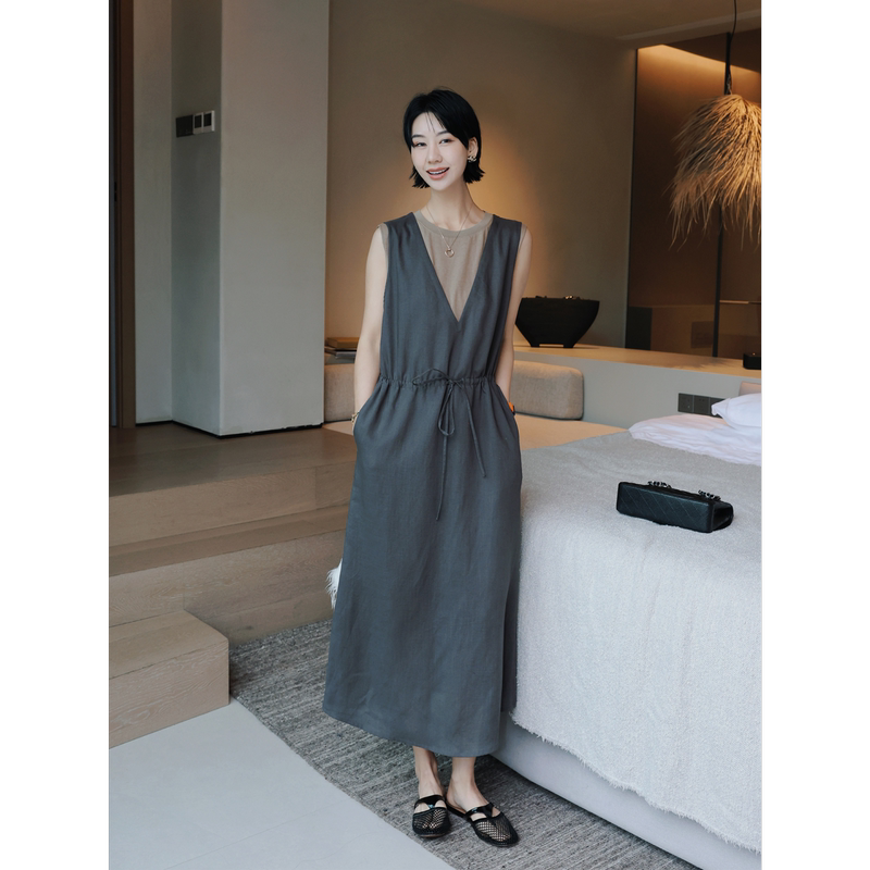 Tt Designer [Bianhua Kexian] Lyocell Linen Sleeveless Vest Dress for Women Layered V-Neck Tank Dress