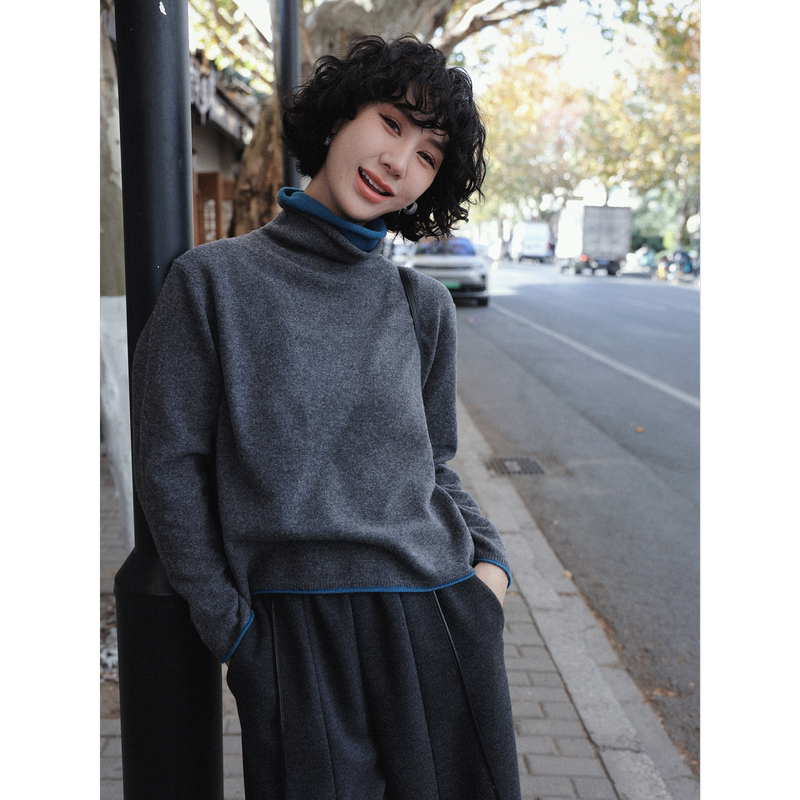 Tt Designer [Fleece-Lined for Winter] Fake Two-Piece Turtleneck Cashmere Sweater for Women, Winter Warm Wool Base Layer, Gray