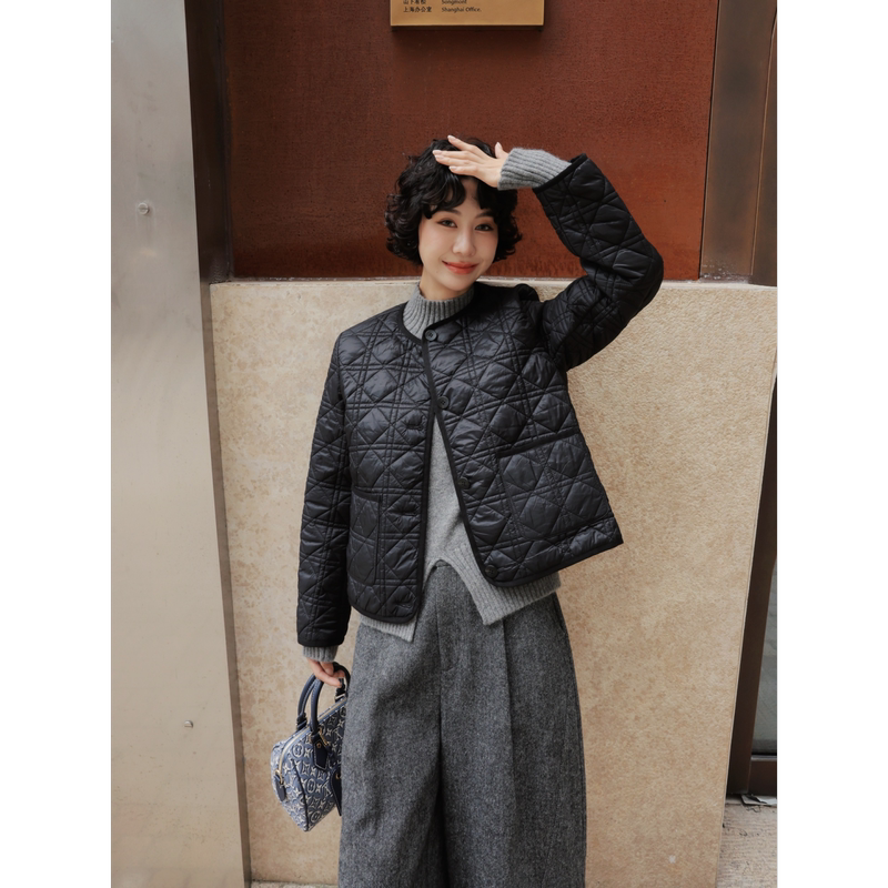 Tt Designer [Obsidian] Round Neck Little Chanel Style Black Quilted Cotton Jacket Short Warm Slimming Cotton Coat