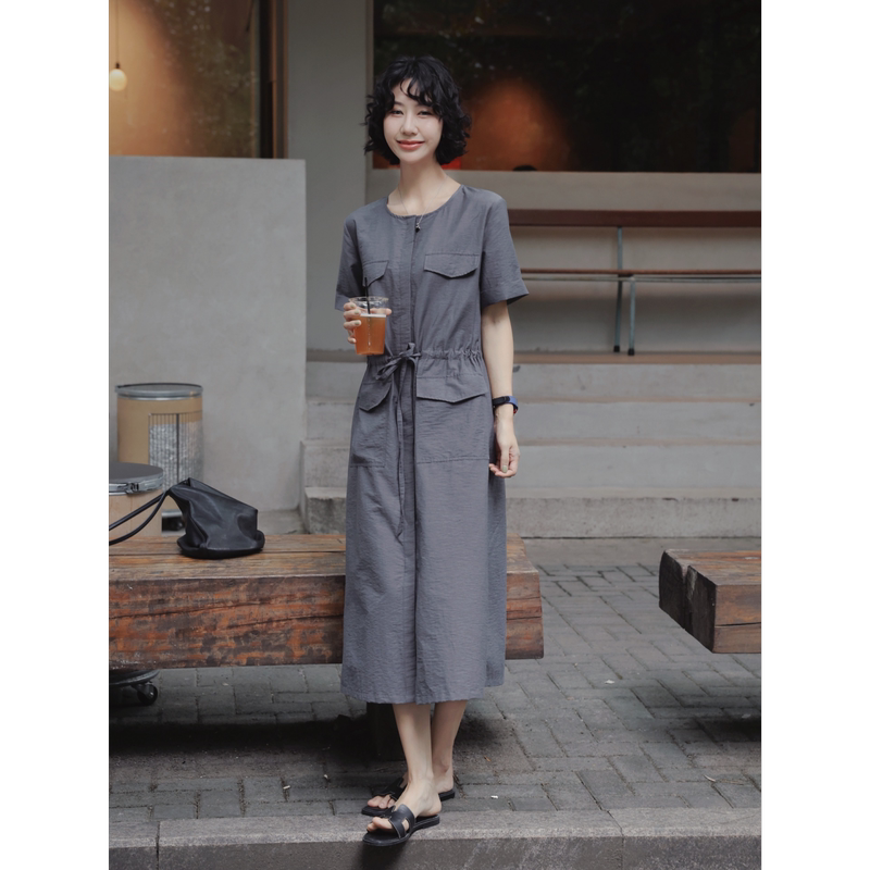 Tt Designer [Urban Trajectory] Japanese-Style Relaxed Multi-Pocket Dress for Women with Drawstring Waist and Workwear Long Skirt