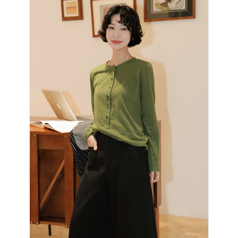 Tt Designer [Clear Oxygen Matcha] 100% Cotton Henry Collar Long Sleeve T-Shirt with Handmade Colorful Buttons Textured Top