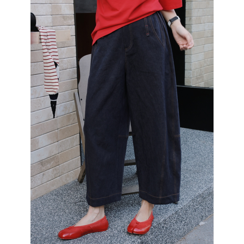 Tt Designer [Treasure Denim] High Linen Blend Imitation Denim Wide-Leg Pants Summer High-Waisted Distressed Cropped Pants