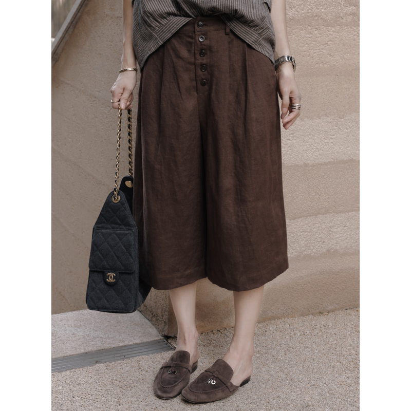 Tt Designer [Truffle Cocoa] 100% Linen Relaxed Fit Five-Point Pants Summer Vintage Old Money Wide-Leg Mid-Length Pants