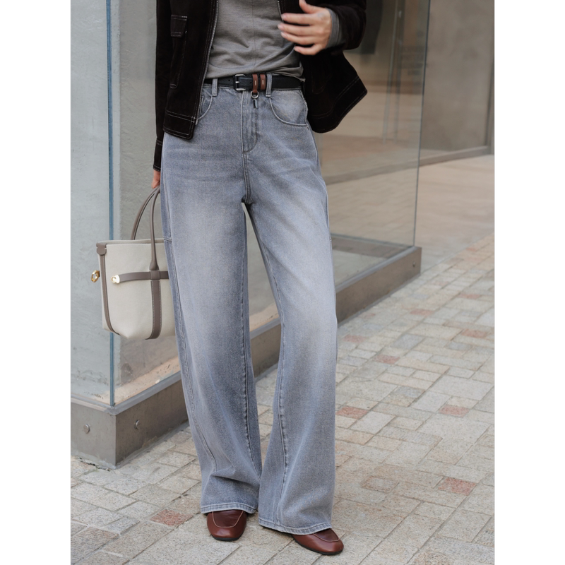 Tt Designer [New York Gray Mist] 100% Pure Cotton Heavy Stone Washed Jeans for Women, Autumn Three-Dimensional Straight-Leg Pants