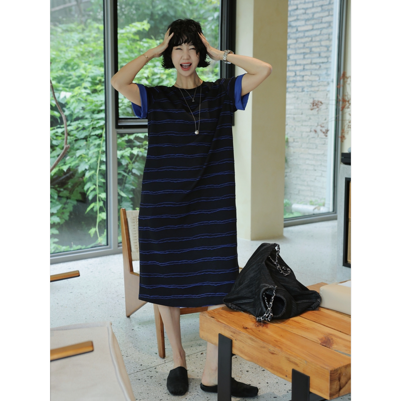 Tt Designer [Jingya] Original Casual Straight Dress for Women, Color-Block Rolled Hem Loose Striped T-Shirt Dress