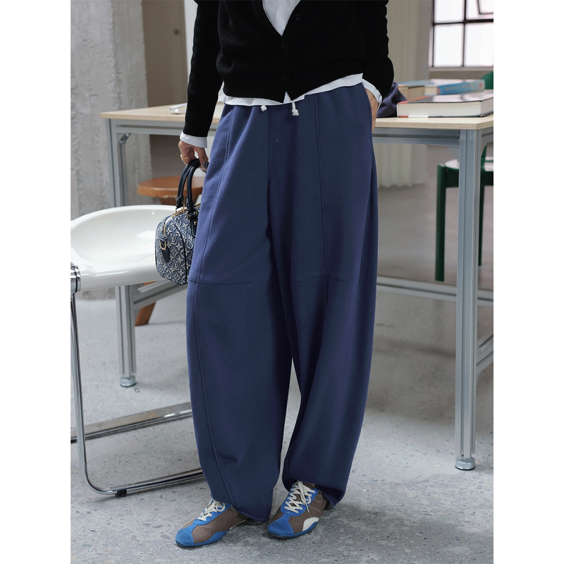 Tt Designer [Proportion Line] Pure Cotton Heavy Knit Scimitar Pants for Women, Vintage Blue, Relaxed Drape Casual Pants