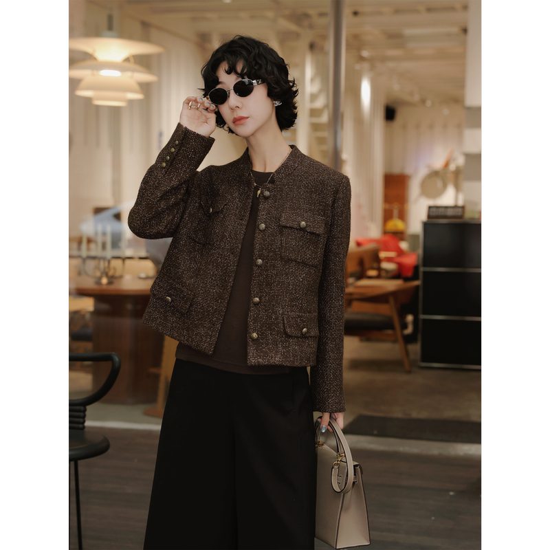 Tt Designer [Elegant Chanson] Gold and Silver Thread Tweed Wool Short Jacket High-End Stand Collar Chanel-Style Jacket