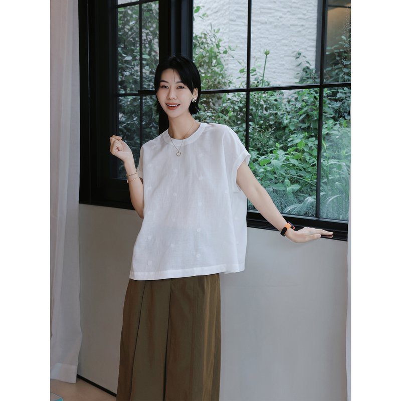 Tt Designer [Romantic Chanson] Tencel Linen Blend White T-Shirt for Women, Summer Loose Fit, Drop Shoulder, Embroidered Short Sleeves