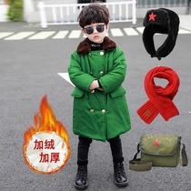 Childrens Army Cotton Coat Thickened Mid-Length Boys Coat Northeast Army Green Cotton Coat Plus Velvet Winter Baby Girl