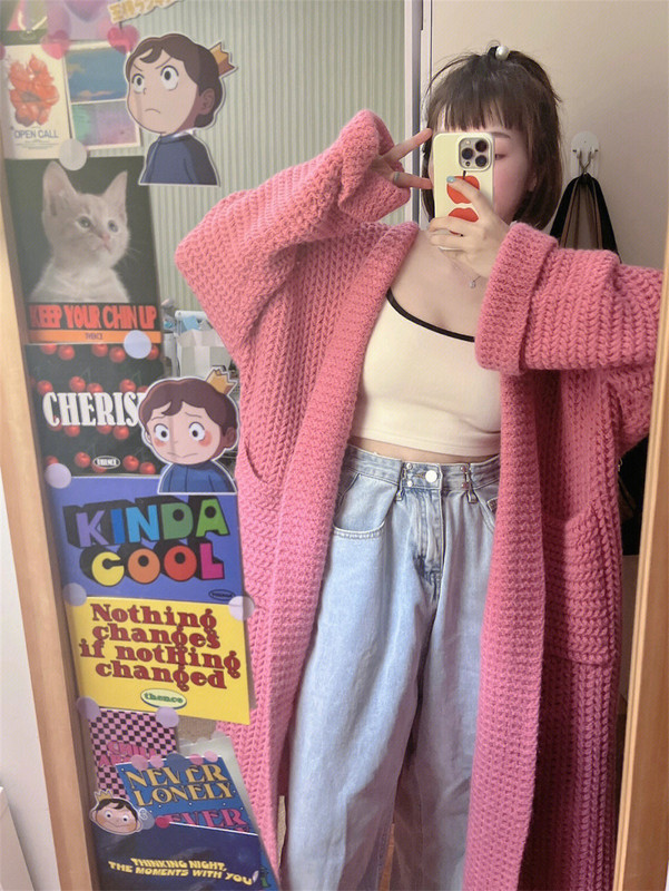 Lazy, Thick, Large Sweater, Soft and Skin-Friendly, Loose-Fitting, Long-Sleeved, Pink Knitwear, Long Cardigan Jacket for Women, Spring and Autumn
